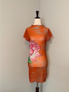 Ed Hardy Lotus Dragon Rhinestone Mesh Cover Up Mini Dress - Orange Combo